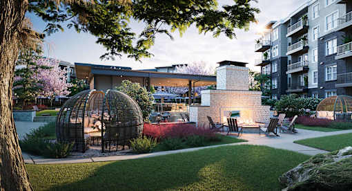 a rendering of a courtyard with a fireplace and tables and chairs