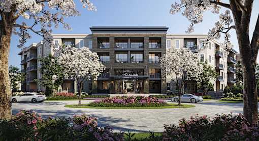 a rendering of the exterior of an apartment building with cars parked in front of it