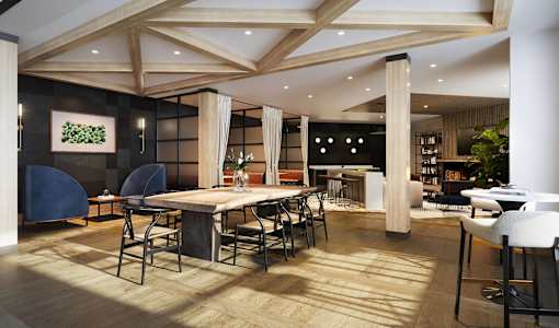 a dining room with a large table and chairs