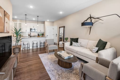 a living room with a couch and a table