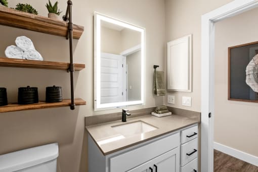 a bathroom with a sink and a mirror