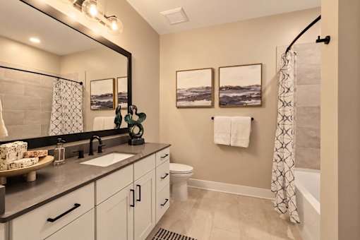 A bathroom with a large mirror, a sink, a toilet, and a shower curtain.