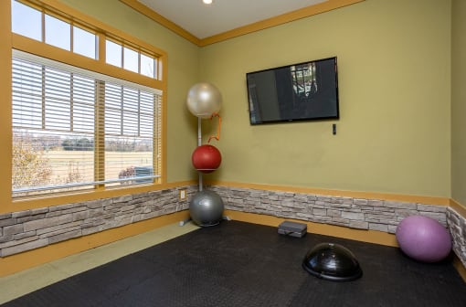 the exercise room is equipped with a tv and yoga balls