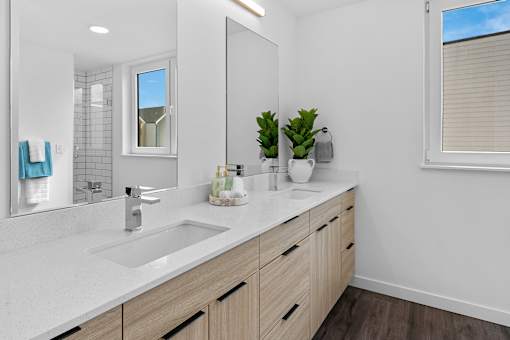 A bathroom with a white countertop and a large mirror.