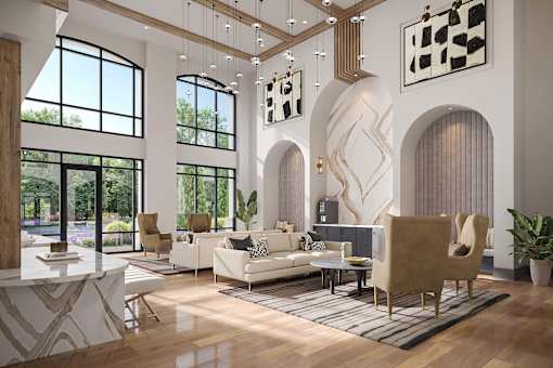 A modern living room with a large window and a marble table.