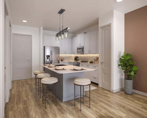 A modern kitchen with a bar area and a plant.