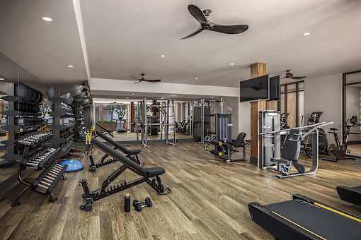 A spacious gym with a variety of equipment including a treadmill, weights, and a bench press.