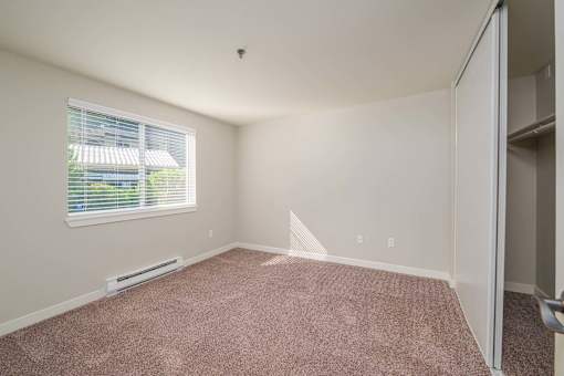 A room with a window and a carpeted floor.