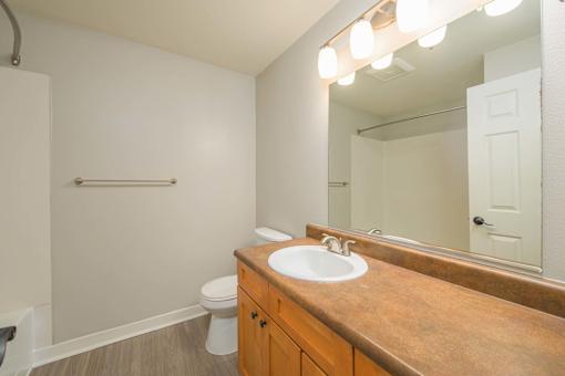 A bathroom with a brown countertop and a white toilet.
