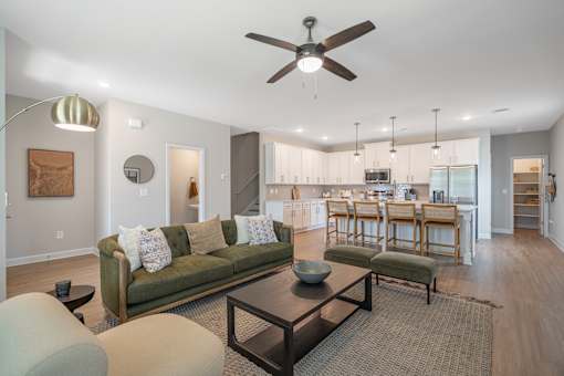 A living room with a green couch and a ceiling fan.