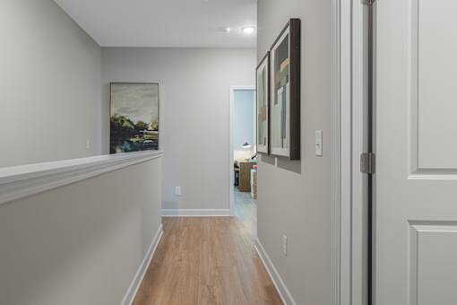 A hallway with a painting on the wall and a door on the right.