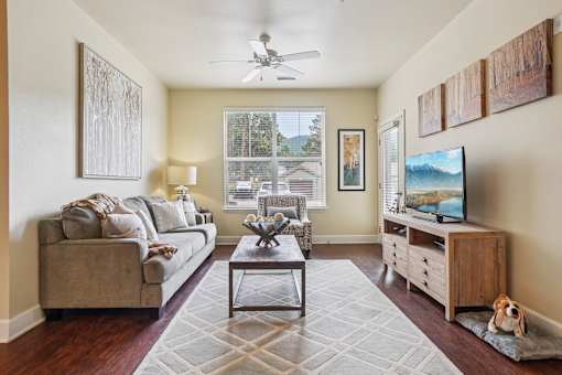 A living room with a couch, a coffee table, and a television.