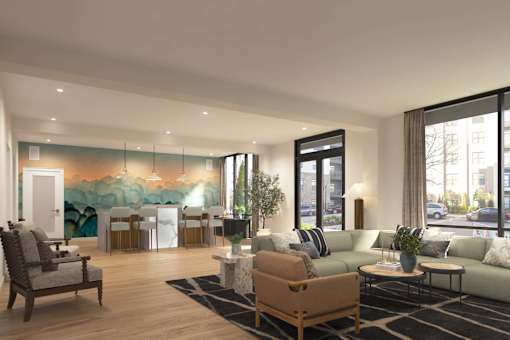 A modern living room with a large mural on the wall.