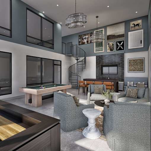 A modern living room with a pool table and a spiral staircase.