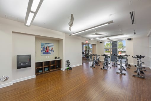 a fitness room with weights and cardio machines and a television