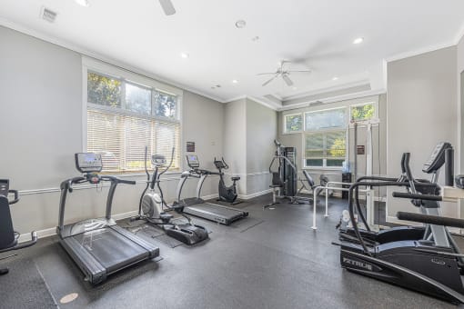 the gym has cardio machines and treadmills and windows