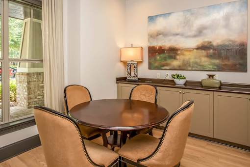 A table with four chairs in front of a painting.