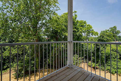 A deck with a metal railing and a tree in the background.