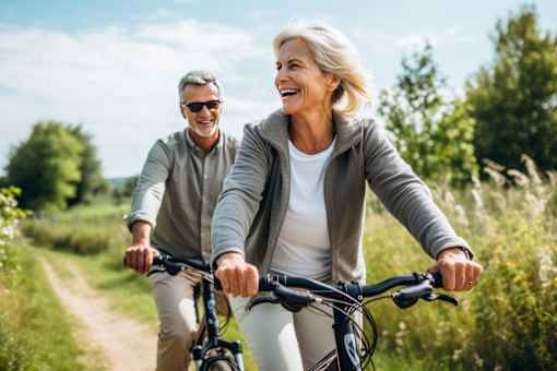 Two people riding bikes on a trail.