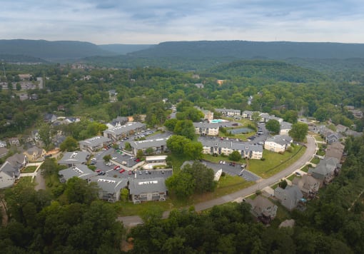 arial view of a neighborhood with trees and mountains in the background