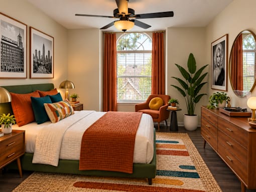 A bedroom with a bed, chair, and potted plants.