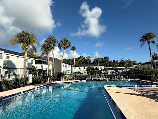 A swimming pool surrounded by palm trees and buildings.
