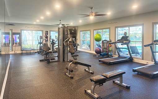 A gym with a variety of equipment including treadmills, weights, and exercise balls.