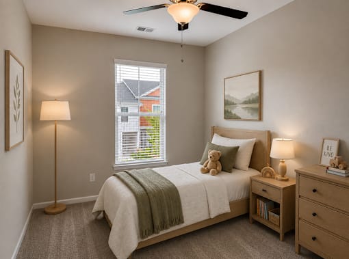 Office space made into bedroom with twin bed