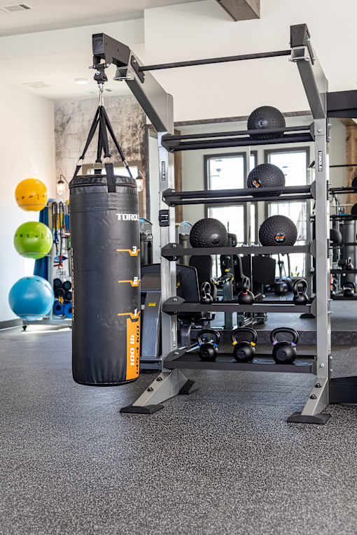 a gym with a punching bag and weights on a rack