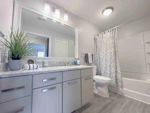 A bathroom with a white toilet, a sink, and a shower.