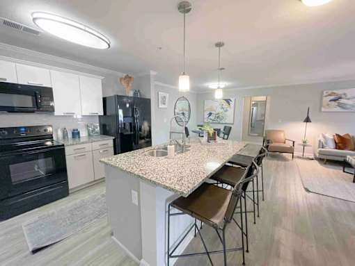 Greenville, SC, Luxury Apartments Near Falls Park On The Reedy - The Aventine Greenville - A Modern Open-Concept Kitchen With A Large Granite-Topped Island, White Cabinets, And Black Appliances.