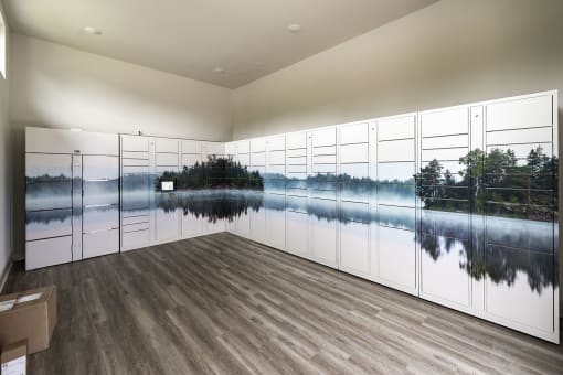 a large pool of water in a room with wood floors