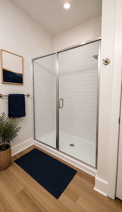 A bathroom with a walk in shower and a towel rack.