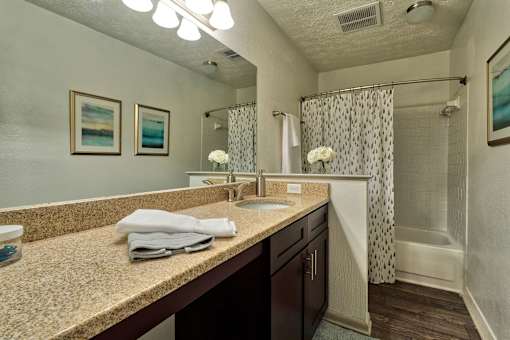A bathroom with a sink, mirror, and shower.
