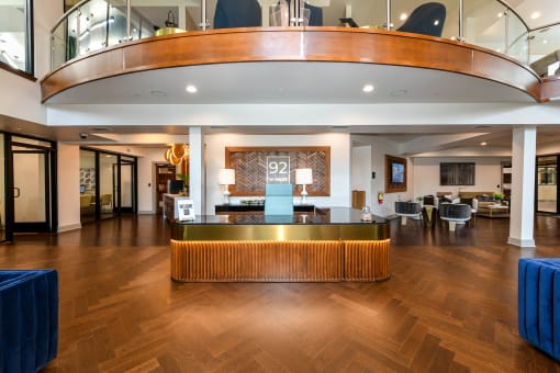 a view of the lobby from behind the reception desk