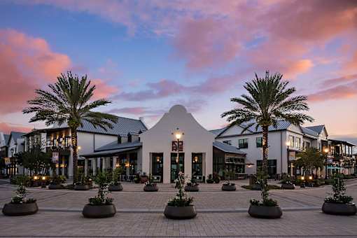 A building with a triangular facade is surrounded by palm trees and small plants.