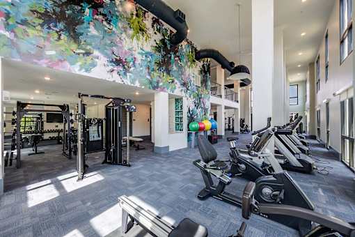 A gym with a variety of equipment including treadmills, weights, and exercise machines.