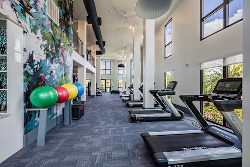 A gym with treadmills and a colorful wall.