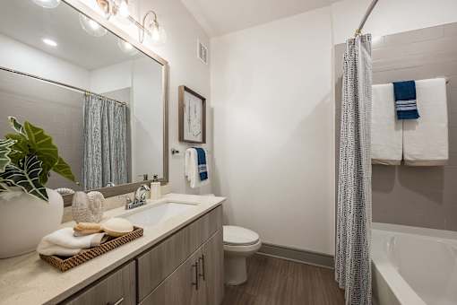 A bathroom with a white toilet, a sink, a mirror, a shower curtain, and a potted plant.