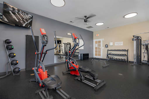 A gym with a variety of equipment including treadmills, weights, and a television.
