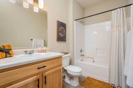A bathroom with a toilet, sink, and shower.