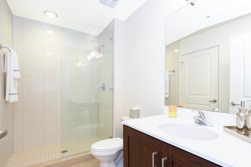 Orlando, FL, Luxury Apartments with In-Unit Washer and Dryer - NORA - Bathroom with Single-Sink Vanity, Wood Cabinetry, Large Mirror, Shower Area with Glass Divider, Towel Bars, and Light Fixtures.