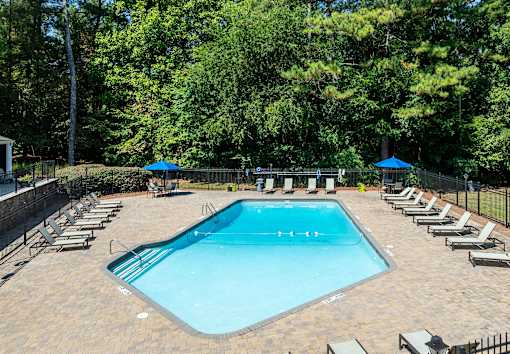 A large outdoor swimming pool surrounded by sun loungers and trees.