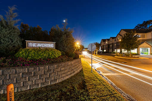 A sign that says "The Apartment" is on a grassy area next to a road.