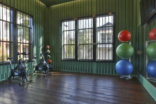 a room with a bunch of exercise equipment and balls in it