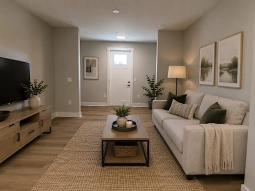 A living room with a couch, coffee table, and a television.