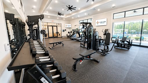A gym with a variety of equipment including weights and machines.