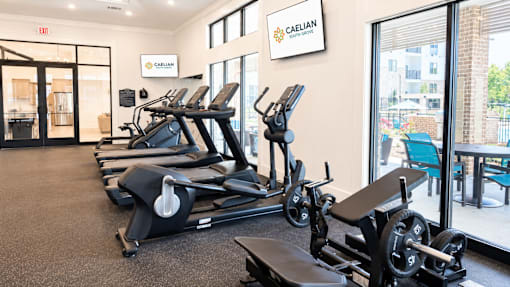 A gym with treadmills and exercise equipment.