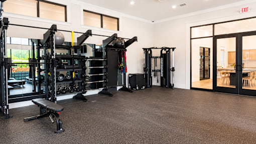 A gym with a variety of equipment including a squat rack, a leg press machine, and a bench.