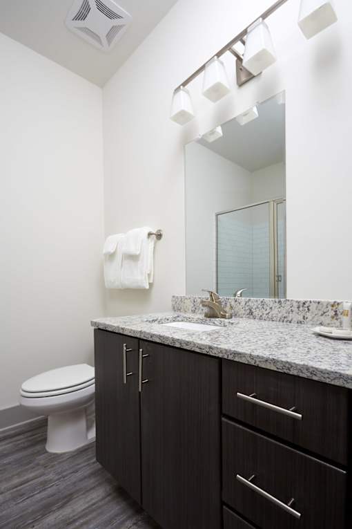 A bathroom with a toilet, sink, and mirror.